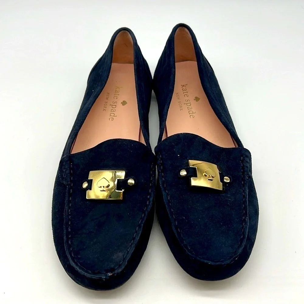 Kate Spade - Carmen Navy Suede Gold Logo Round Toe Driving Loafer Size 8